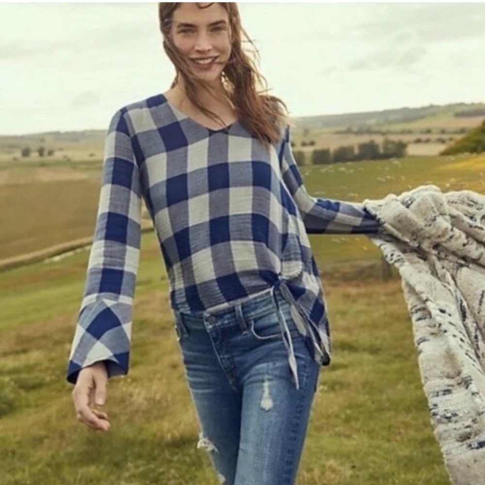 Anthropologie Cloth & Stone Gingham Plaid Flowy Top Bell Sleeve LS Women's Small